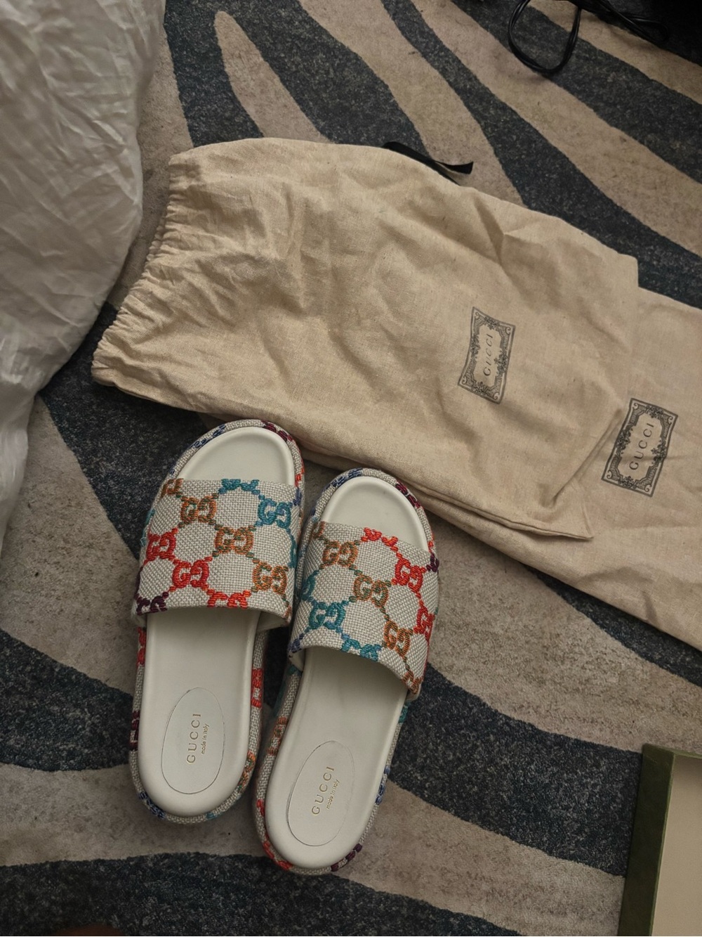 Gucci Multicolor GG Logo Canvas Slide Sandals - White Base